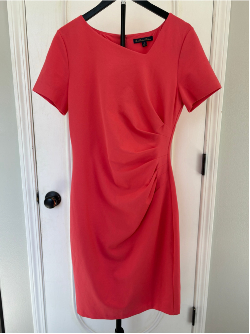 Brooks Brothers Ponte Knit Ruched Sheath Dress 12 Coral Short Sleeve